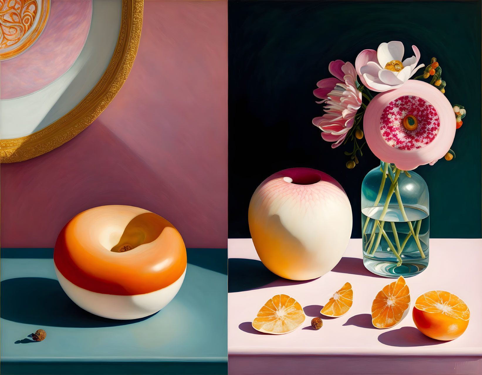 Surreal still life with doughnut peach, sliced oranges, snail, and flowers on dual