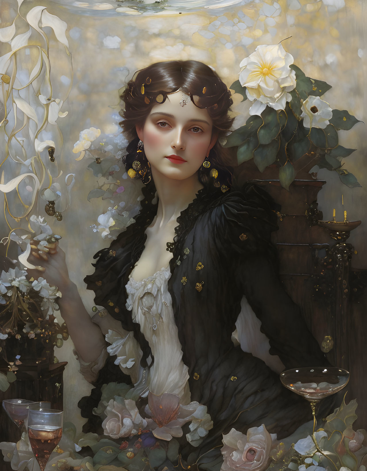 Decorative headpiece woman in black and white dress with glass surrounded by white flowers.