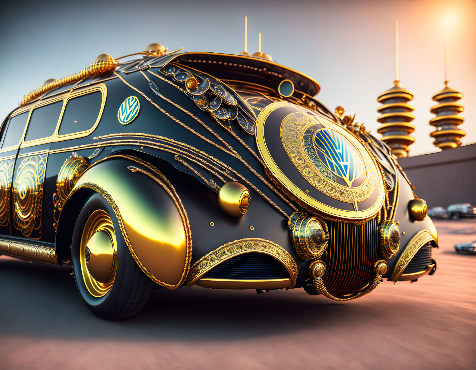 Futuristic golden vehicle with intricate designs in urban setting