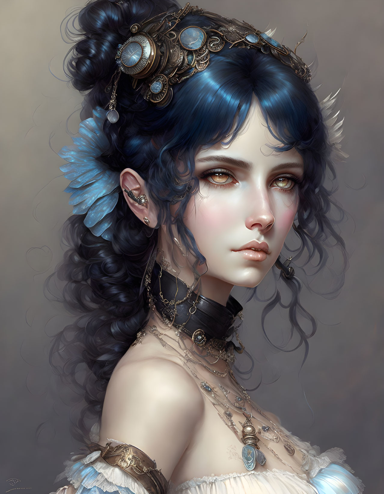 Fantasy woman portrait with blue hair and elegant jewelry.