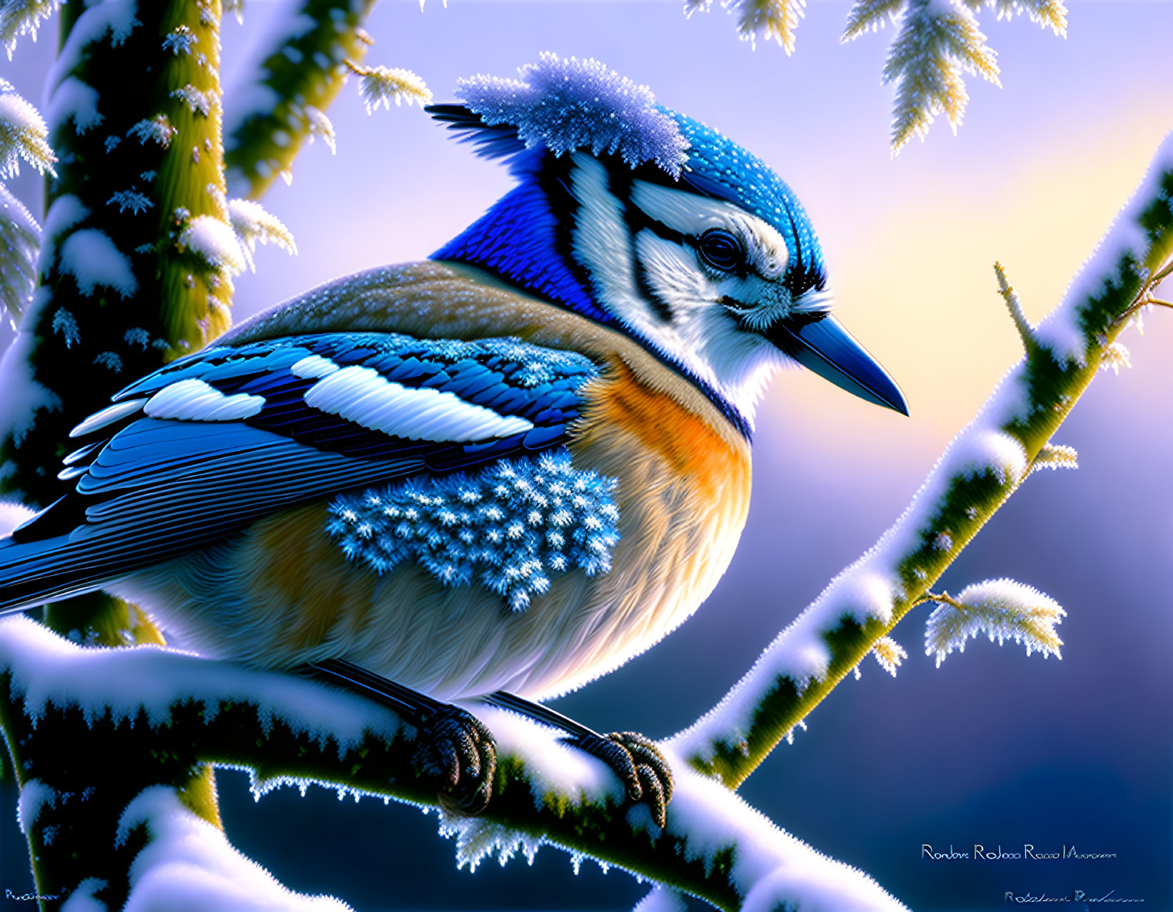 Digital artwork: Blue jay on frosty branch with snowy backdrop