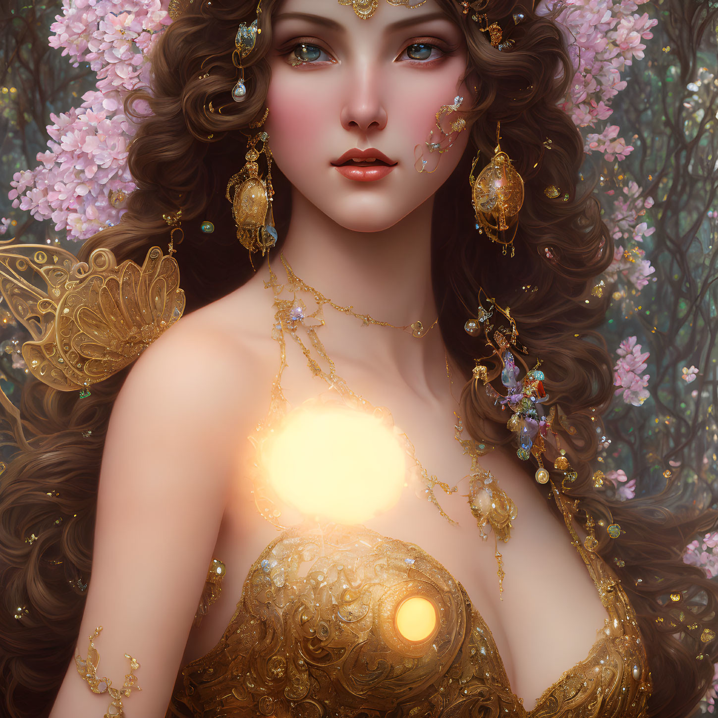 Fantastical portrait of woman with gold jewelry and butterfly wings in floral setting