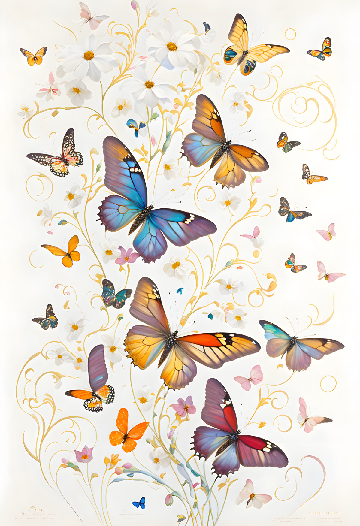 Colorful Butterflies and Flowers Illustration on Light Background