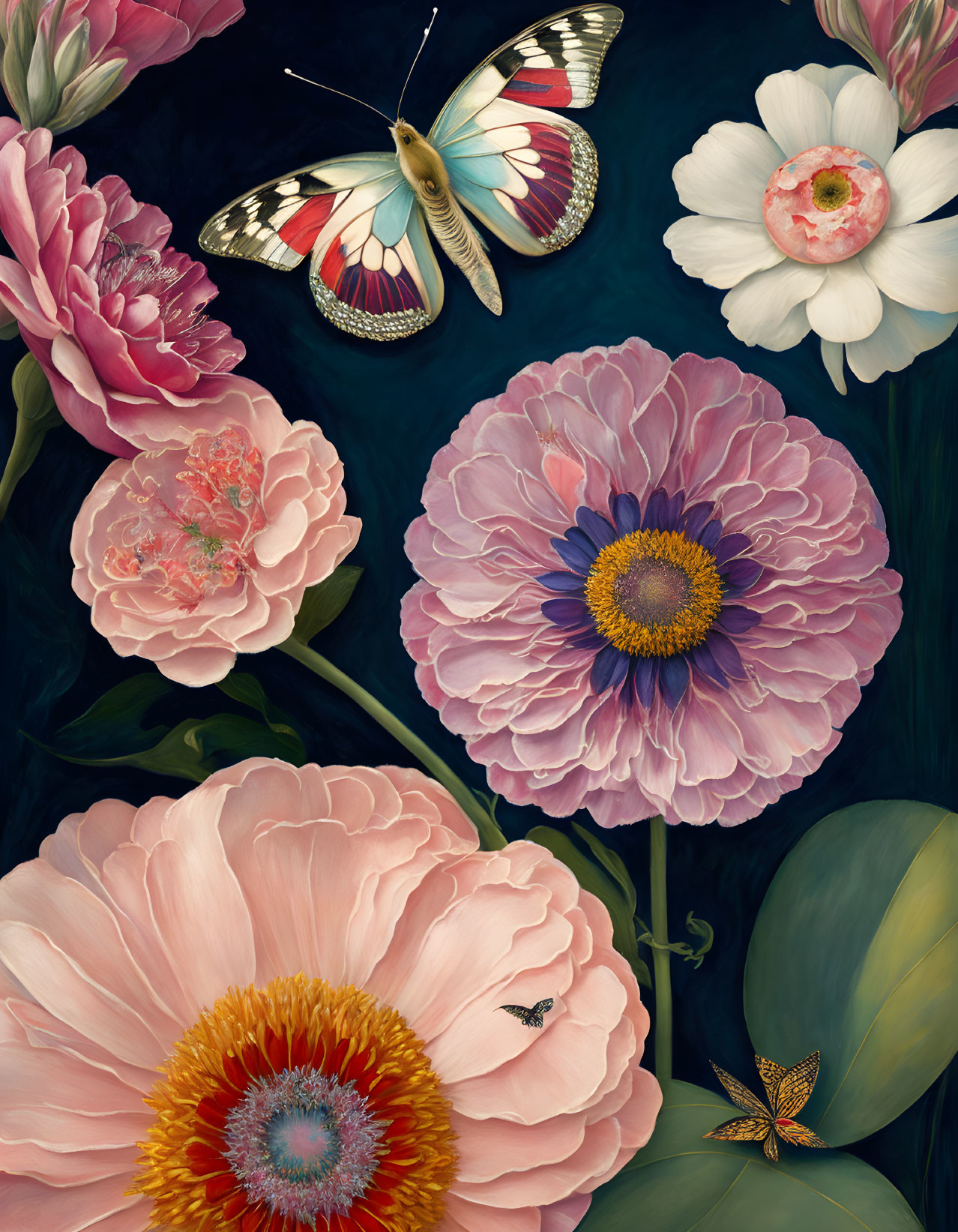 Colorful peonies, butterfly, bee, and moth on dark teal background