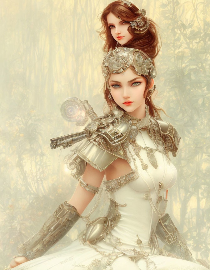 Illustrated female warrior in ornate silver armor with futuristic pistol in misty golden forest.