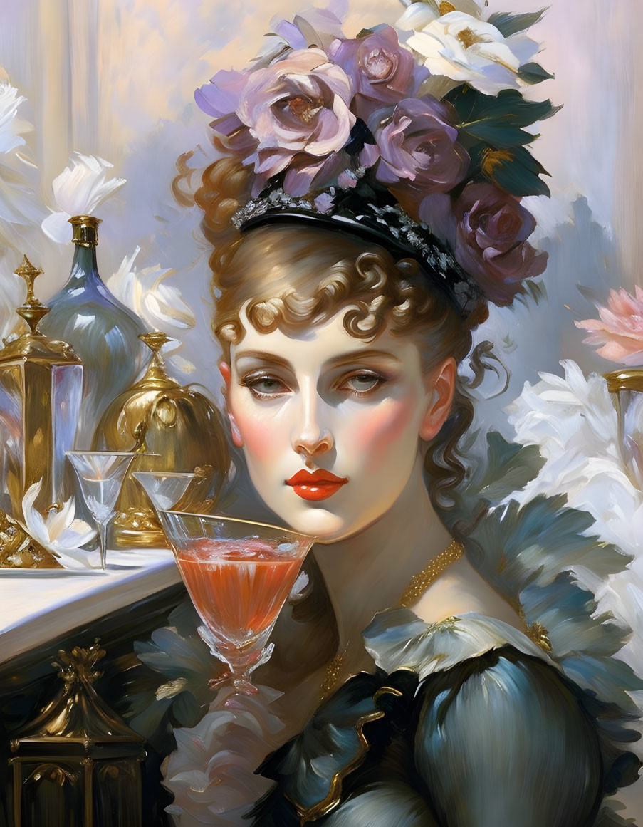 Portrait of Woman with Rosy Cheeks, Purple Roses, Blue Dress, and Drink Table