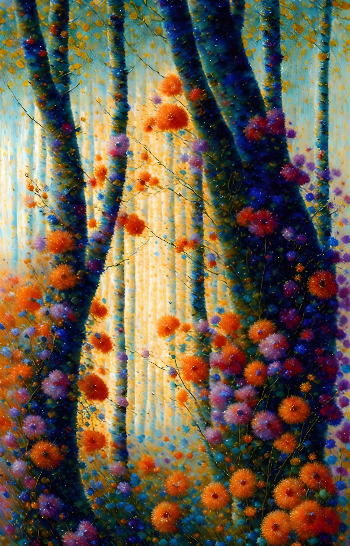 Colorful Forest Painting with Blue Trees and Vibrant Flowers