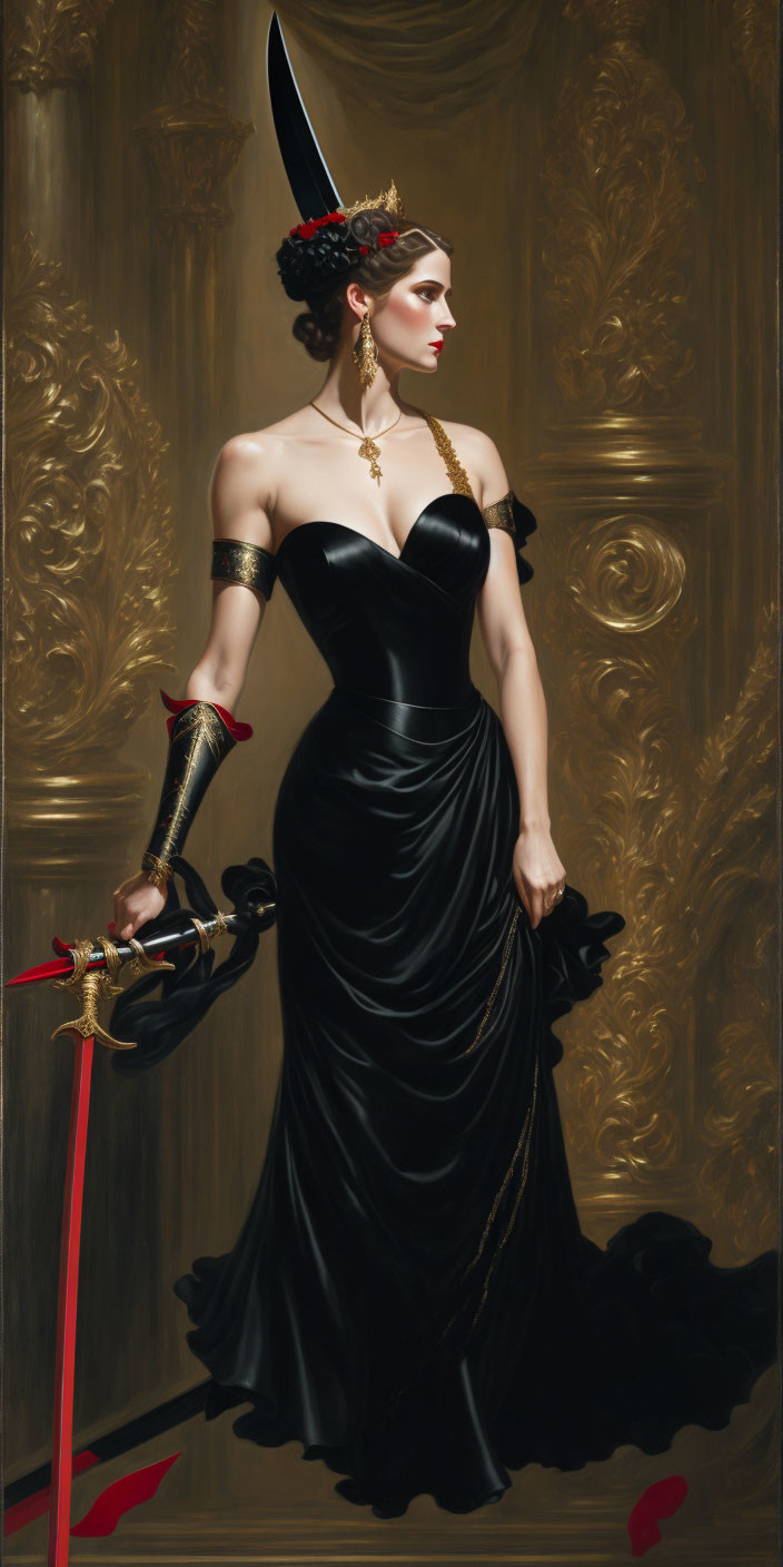 Woman in Black Gown Wielding Red Sword and Golden Jewelry