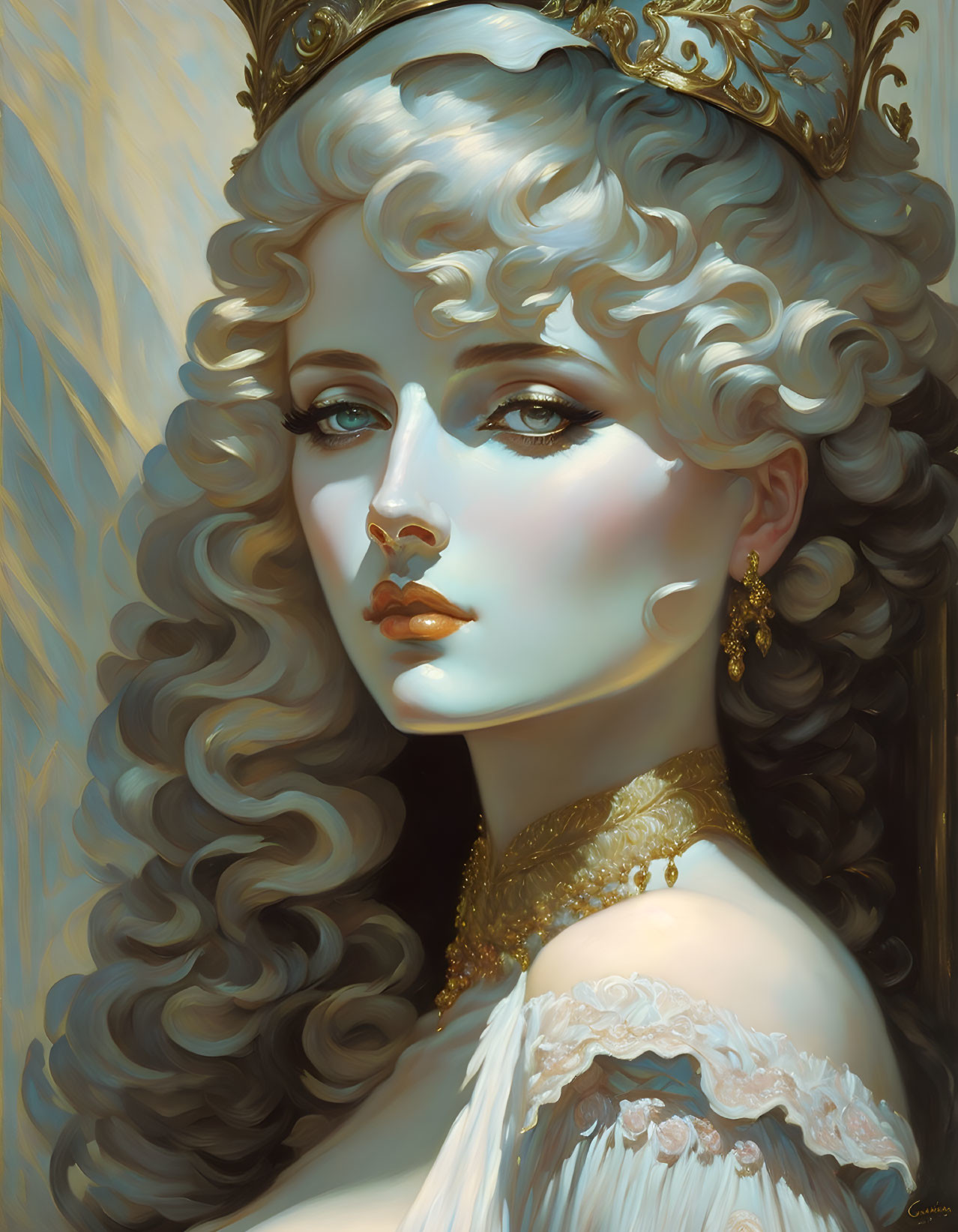 Royal woman with curled hair, crown, and Victorian dress portrait.