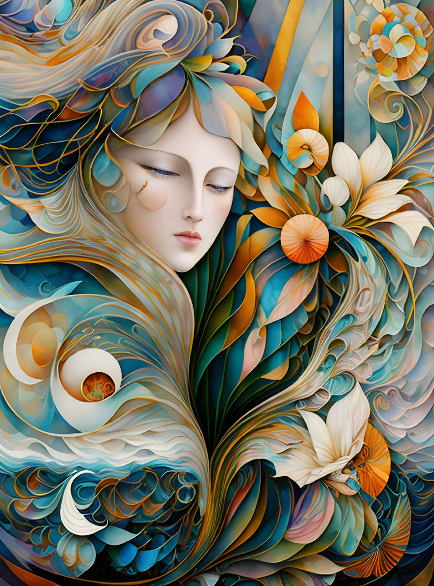 Abstract digital artwork: Woman's face with swirling blue, gold, and white patterns