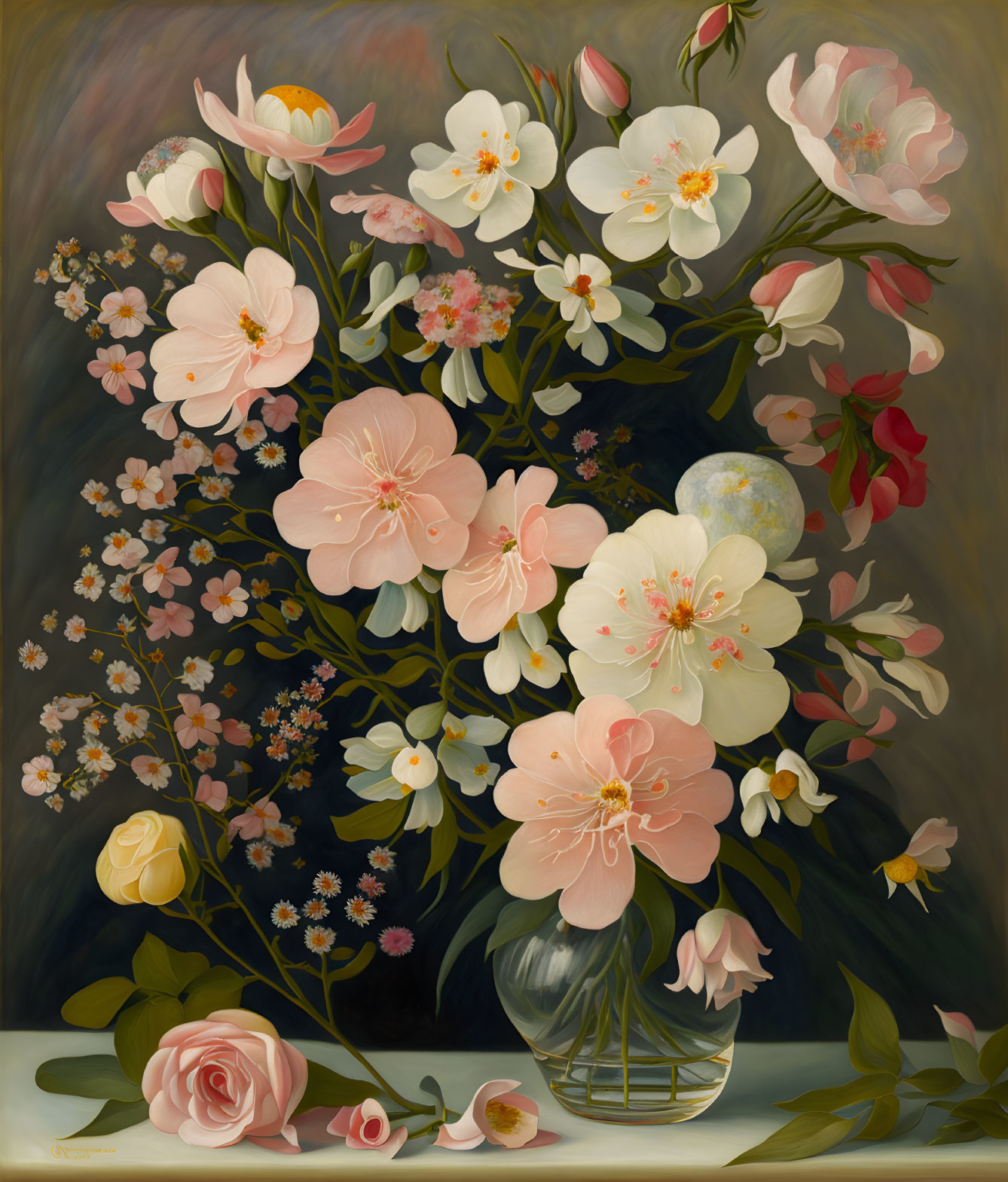 Classical painting of pink and white flowers on dark background