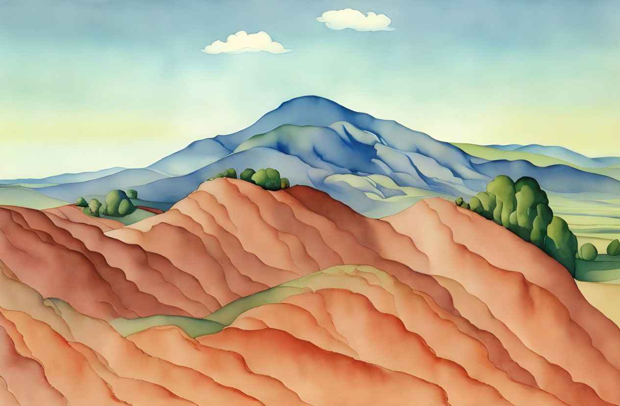 Colorful illustrated landscape with rolling hills and blue mountain under fluffy clouds