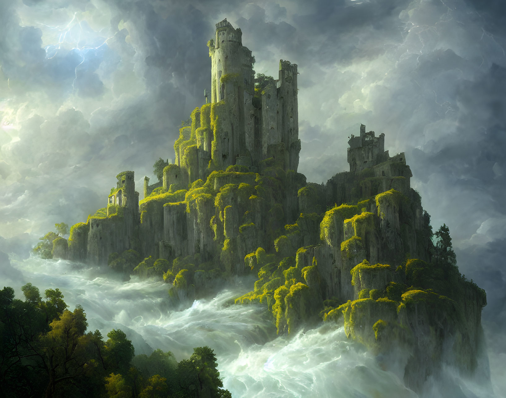 Fantasy castle on craggy cliff in stormy seas