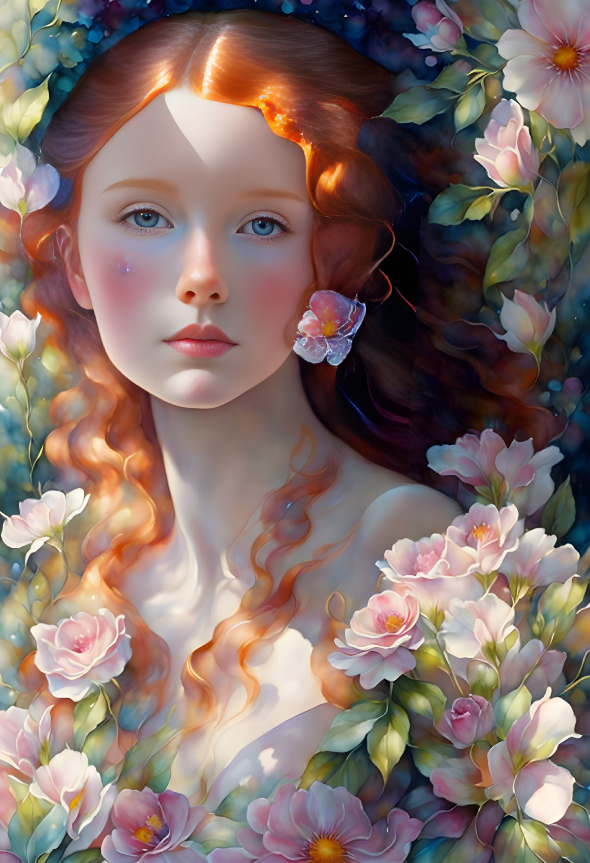 Ethereal portrait of a lady with auburn hair and serene blue eyes