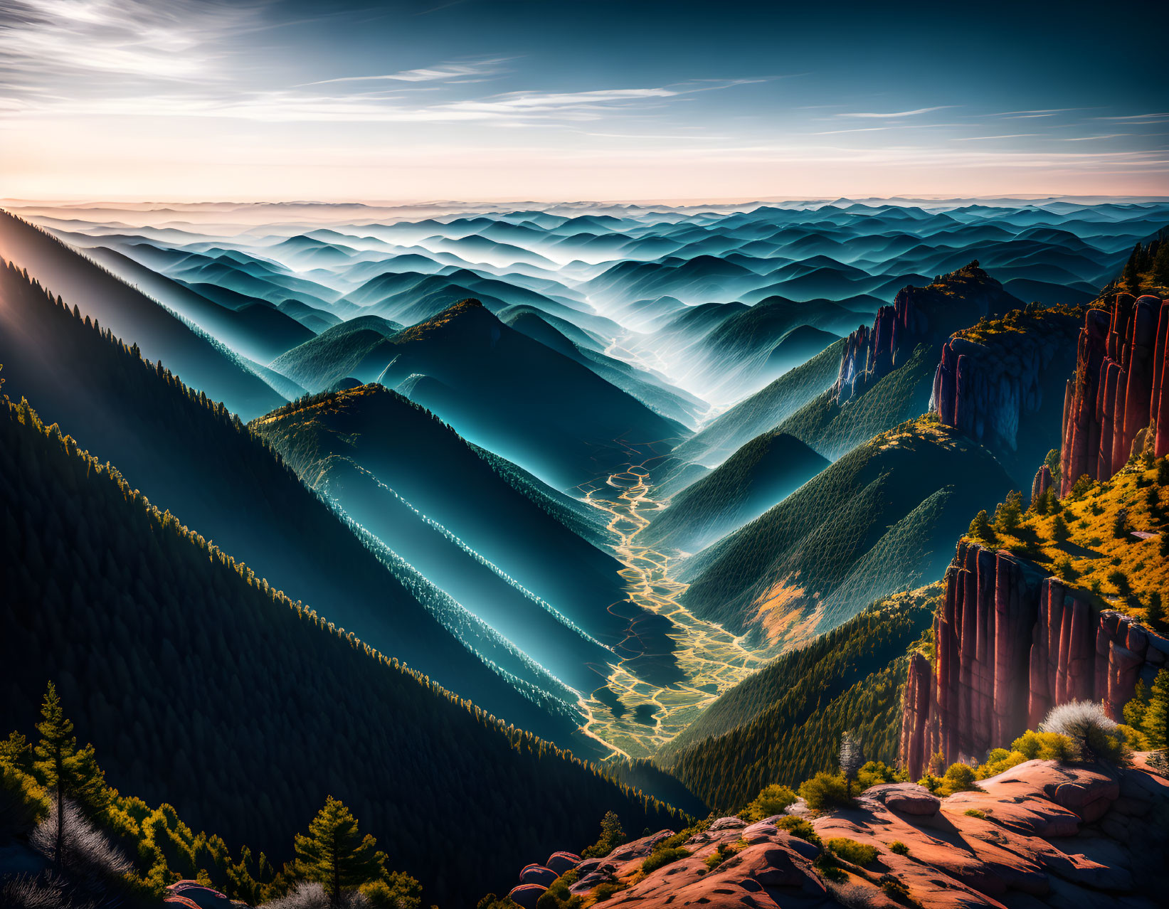 Majestic sunrise over lush mountains and golden river