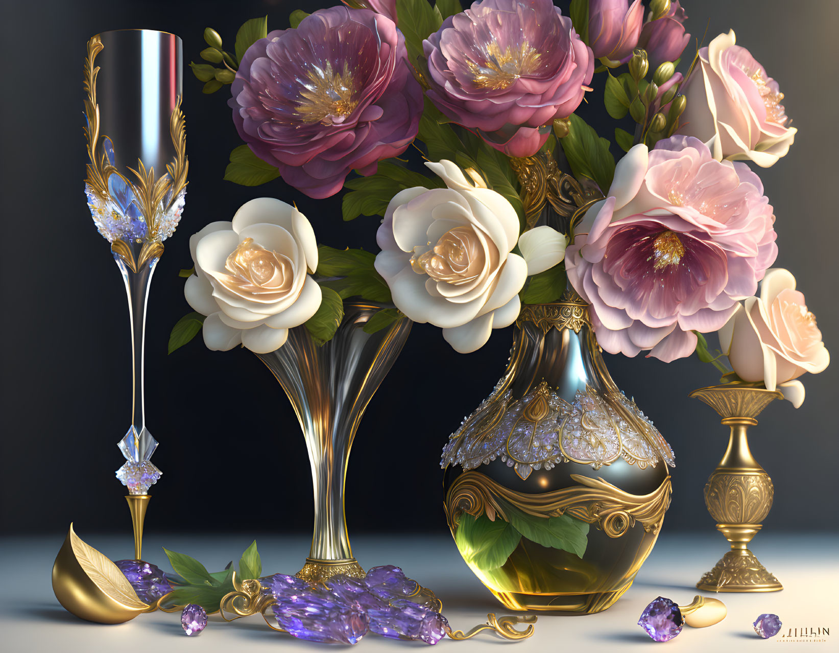 Luxurious still life: Golden vase, blooming roses, ornate glass, gemstones on reflective