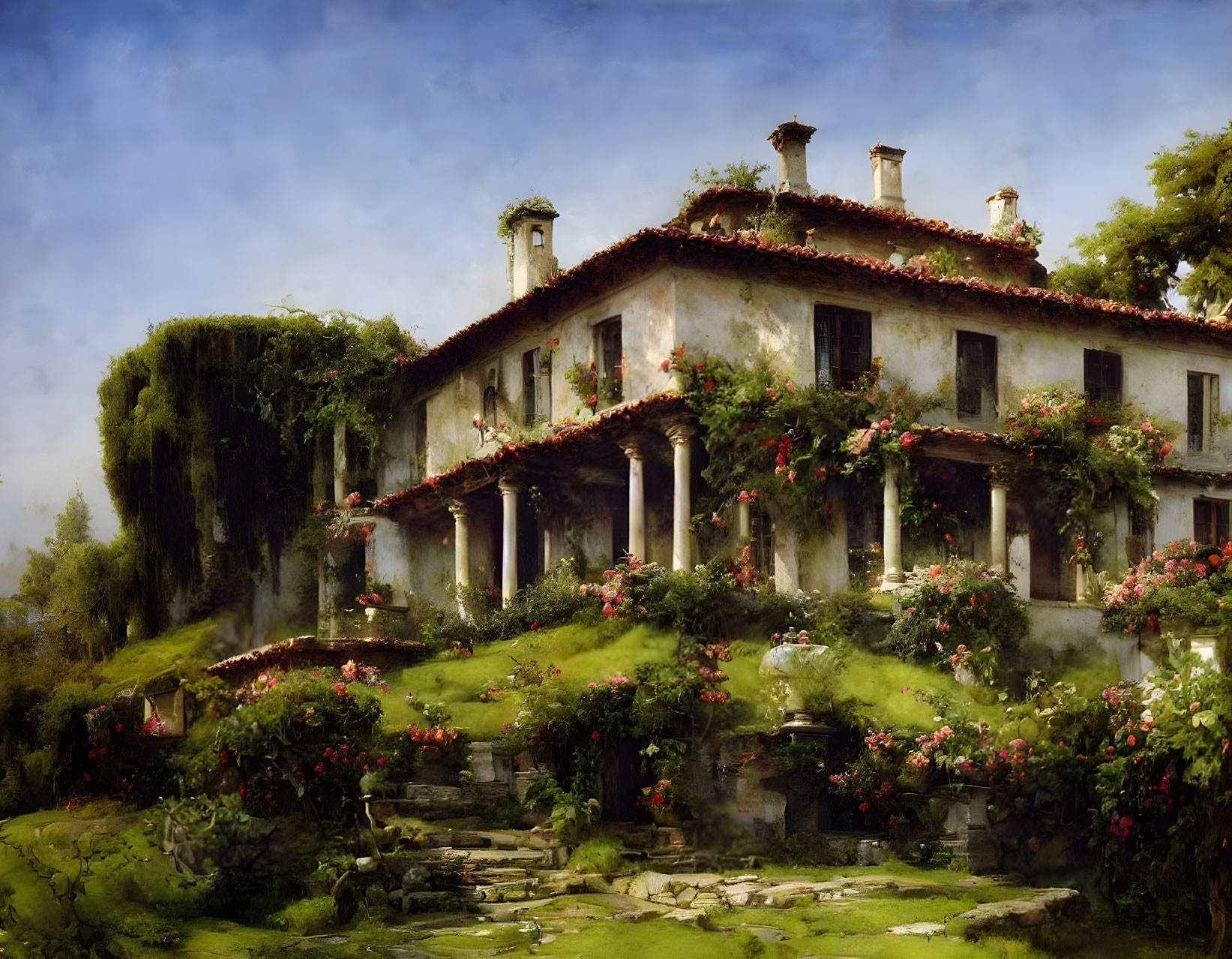 Rustic two-story house painting with ivy, red flowers, and chimneys on lush hill