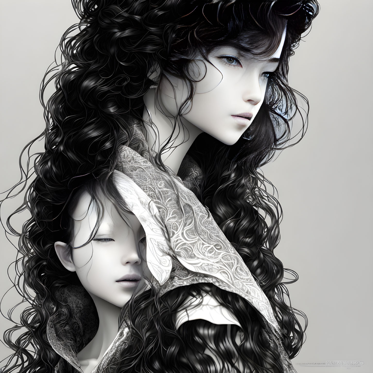 Monochrome digital artwork featuring two women with intricate hair and ornate clothing, exuding a surreal,