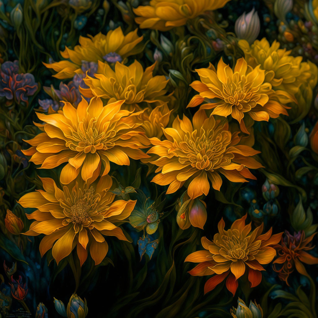 Golden yellow chrysanthemum flowers amidst dark foliage and unopened buds.