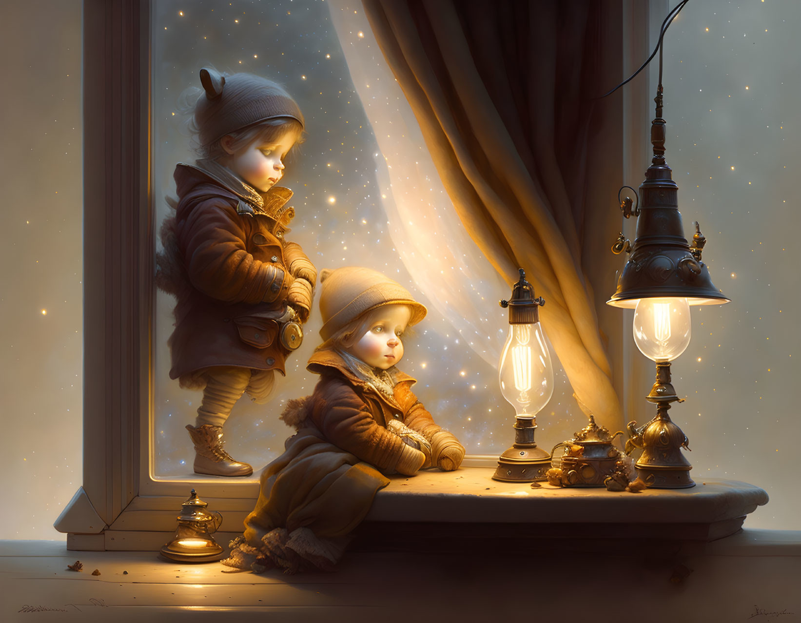 Young children in warm clothing by a windowsill with vintage lanterns.