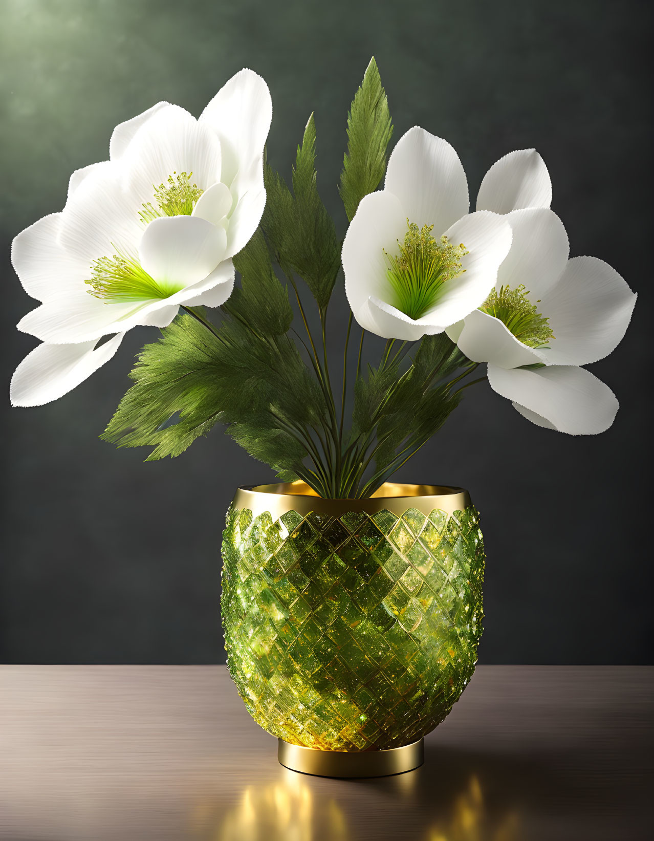 White Flowers and Green Leaves in Mosaic Glass Vase on Dark Background