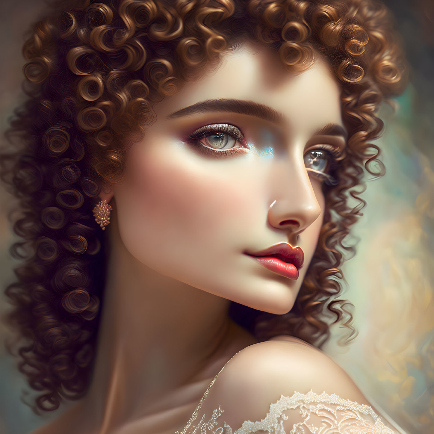 Portrait of a woman with curly hair, blue eyes, and ornate earring