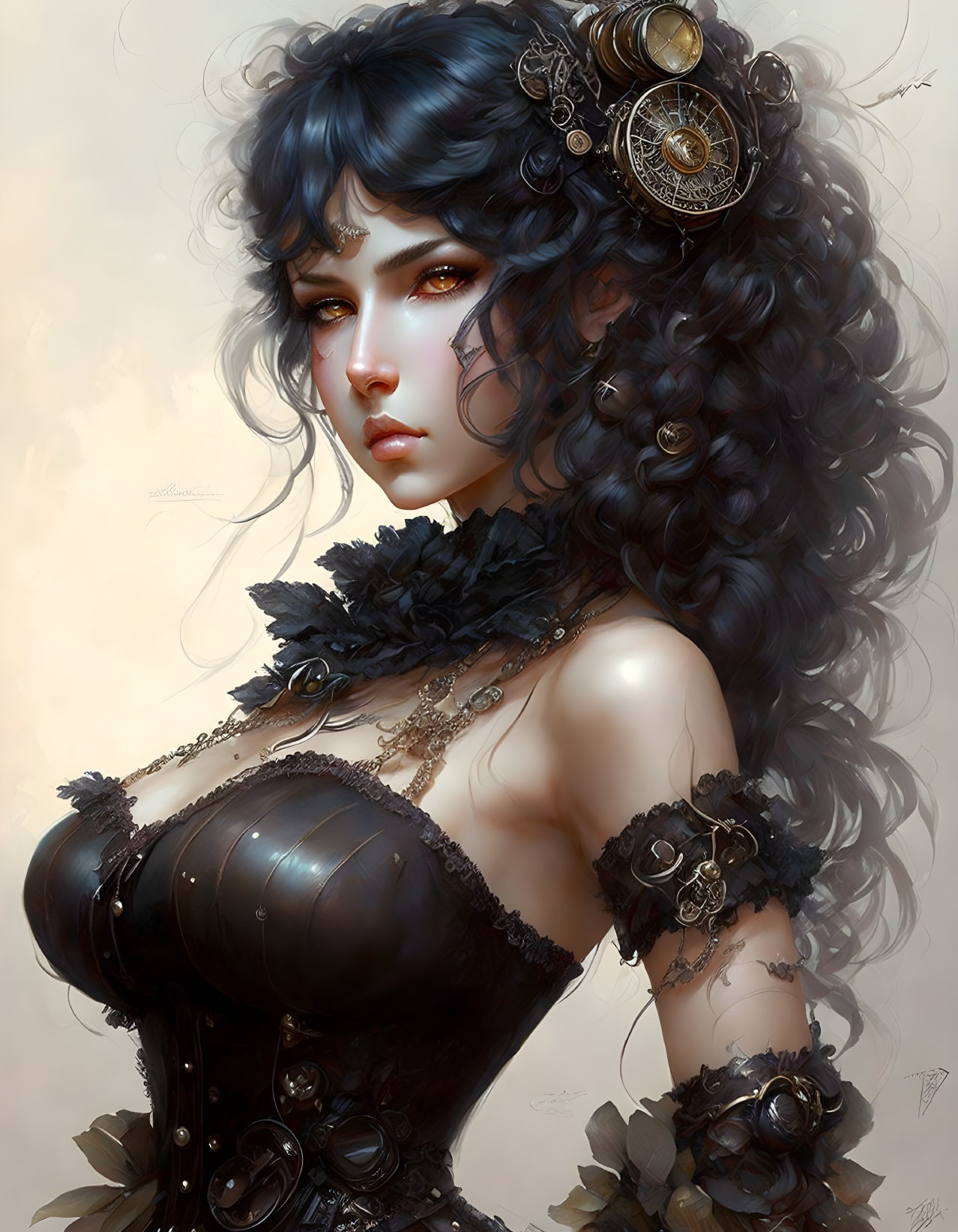 Detailed Gothic-Steampunk Female Portrait with Intricate Attire