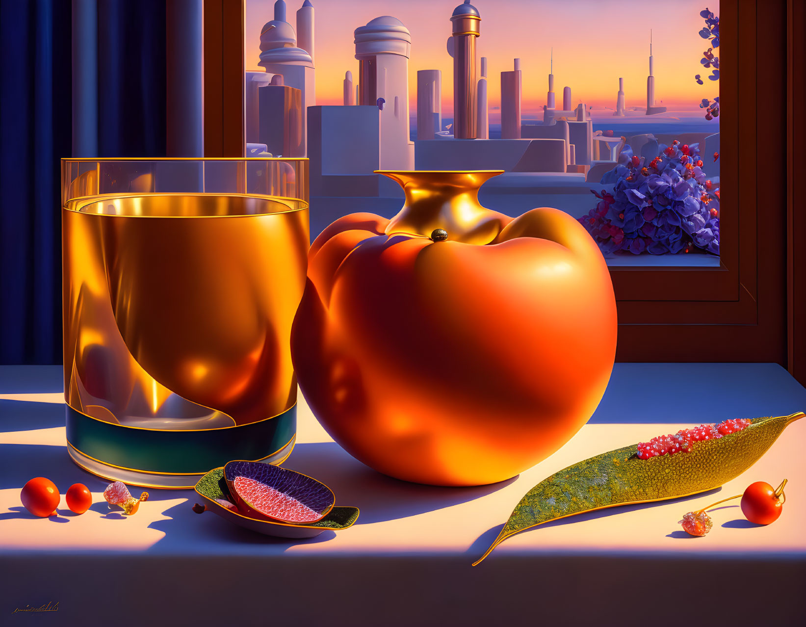 Vivid still life with glass of amber liquid, peach, red fruits, sliced fig, and city