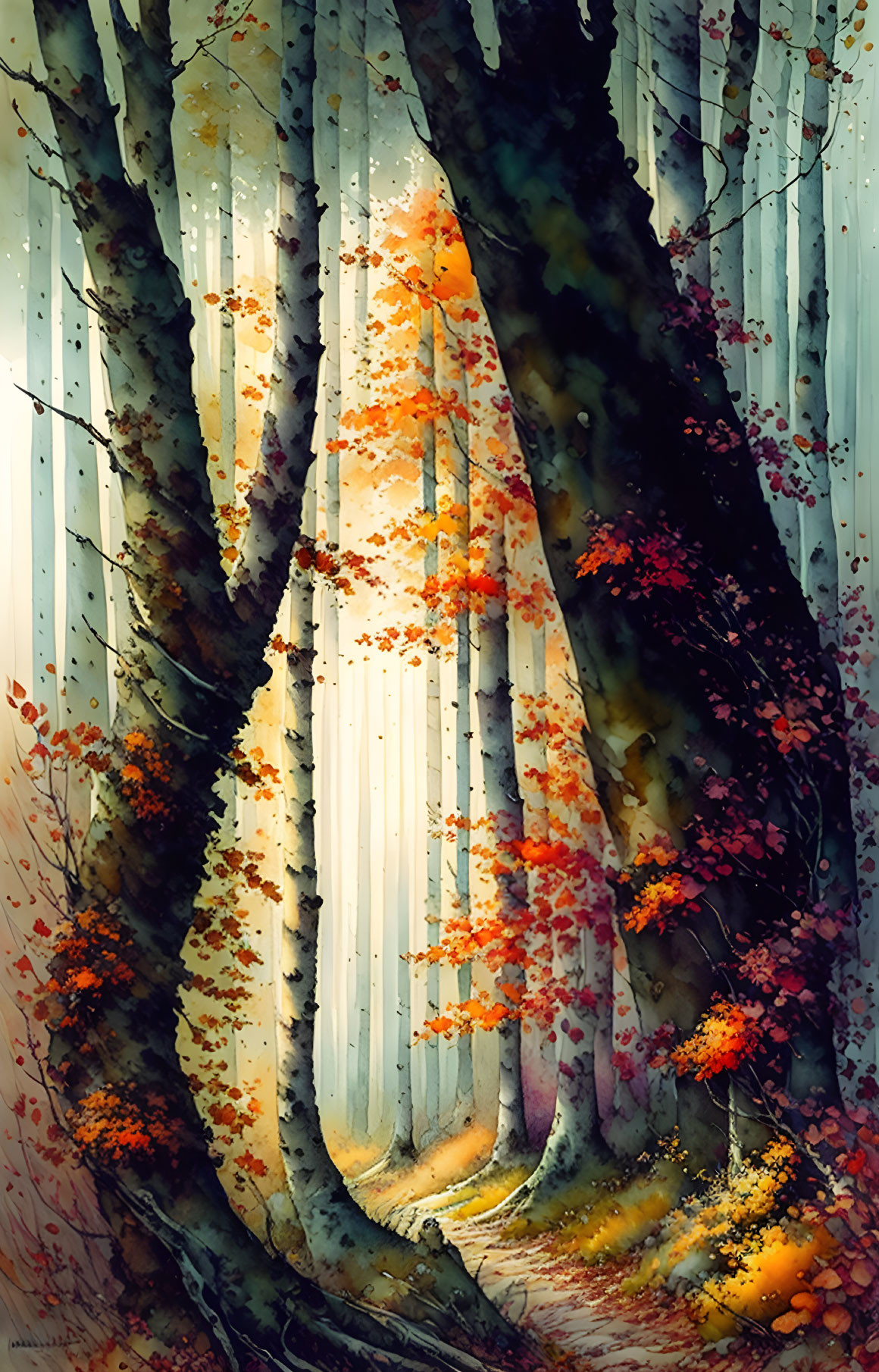 Mystical forest scene with tall trees and autumn leaves