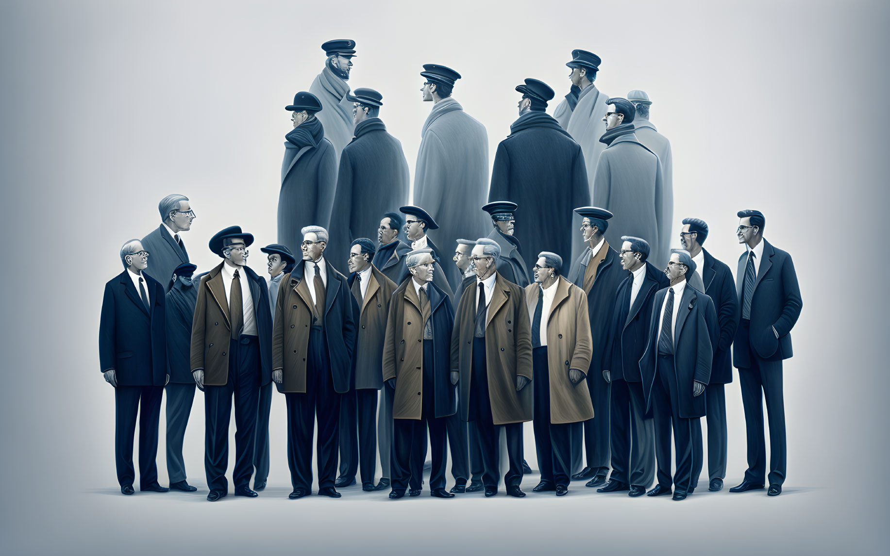 Illustrated male figures in suits and overcoats with hats on gradient background.