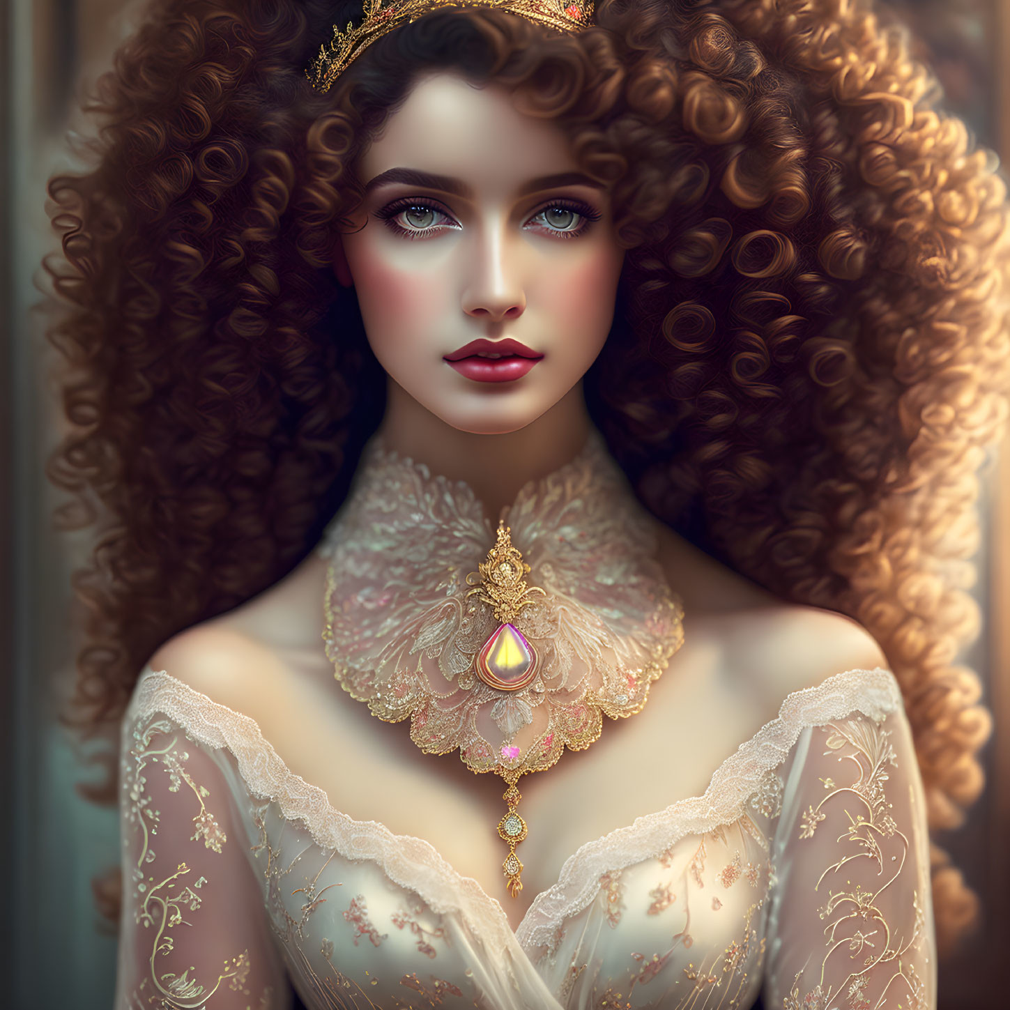 Illustrated portrait of woman with curly hair, blue eyes, lace dress, golden crown.