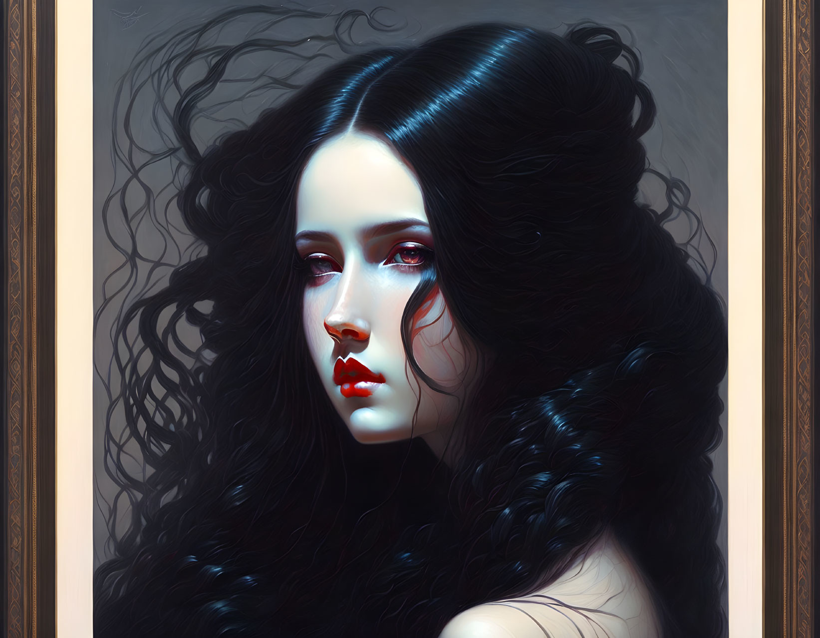 Woman with Voluminous Black Hair and Striking Red Lips Portrait