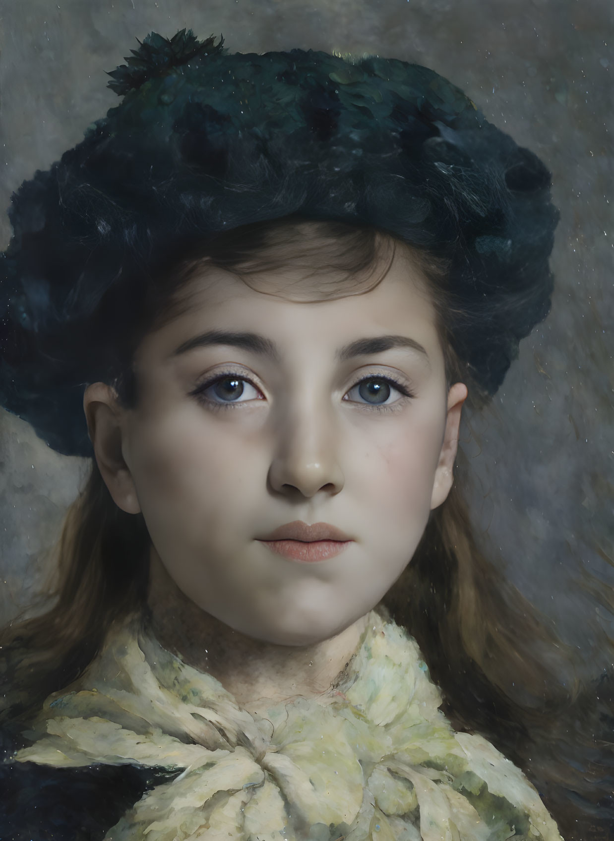 Young girl portrait: blue eyes, dark green hat, light green scarf.