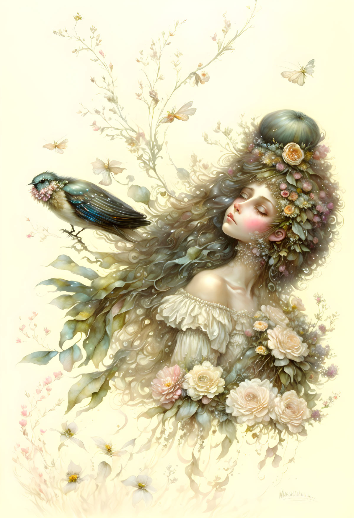 Fantastical illustration of serene woman with flowers and foliage, bird, light background