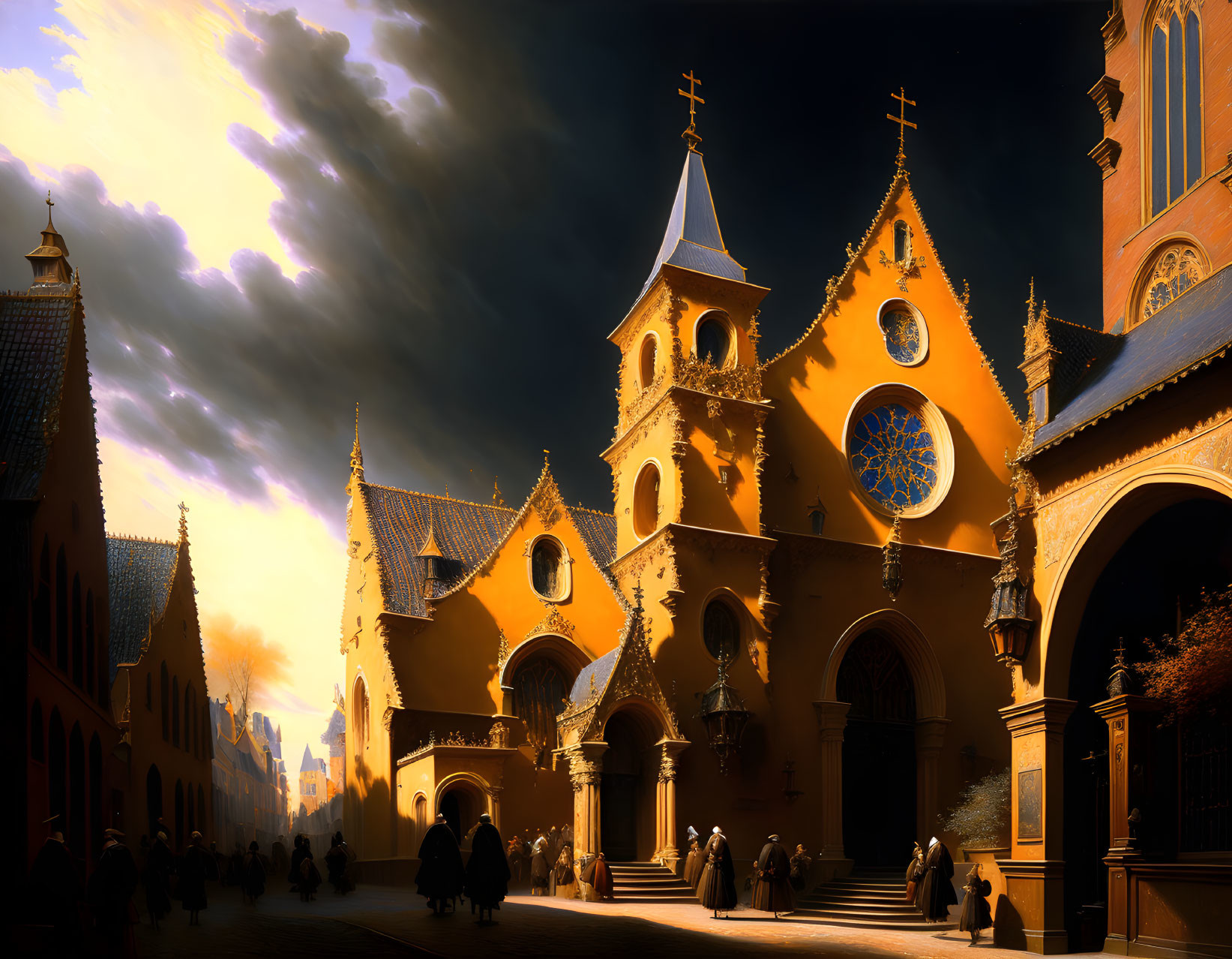 Gothic-style cathedral at sunset with dramatic sky and people walking.