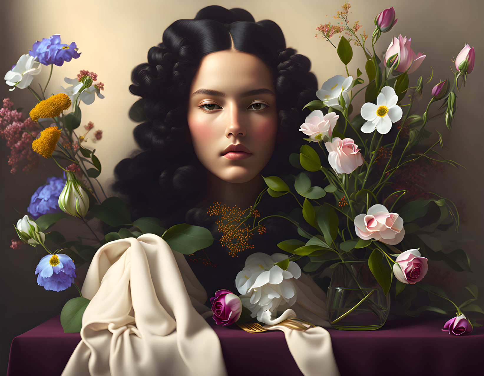 Portrait of woman with dark hair, serene expression, vibrant flowers, and draped fabric