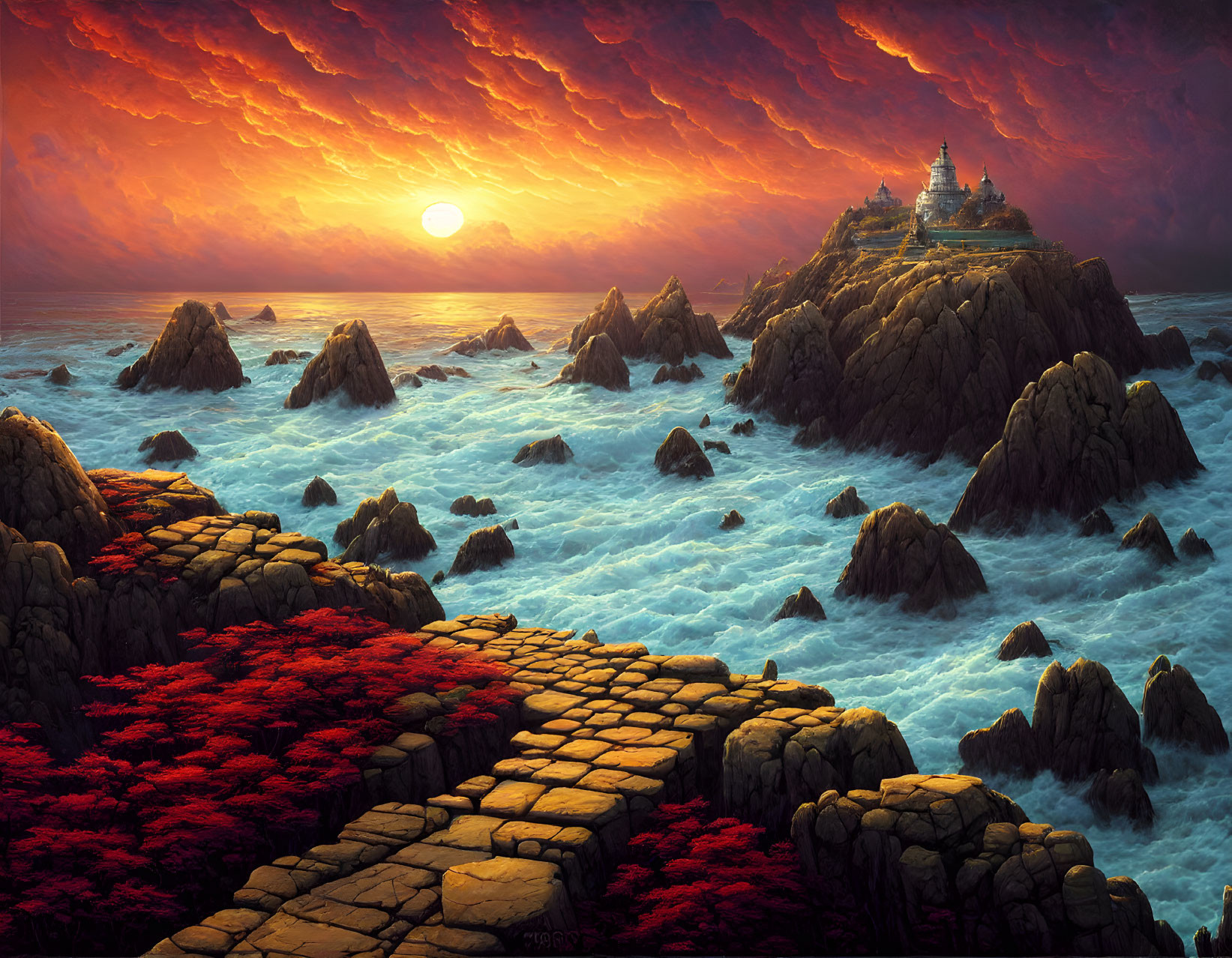 Majestic sunset over turbulent sea with castle on distant cliff