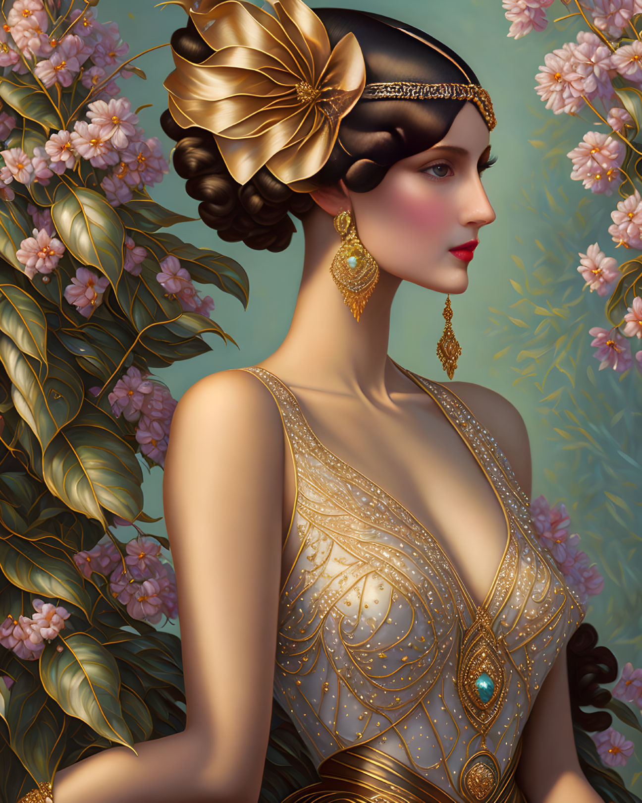 1920s Fashion: Elegant woman with golden hair accessory and ornate dress