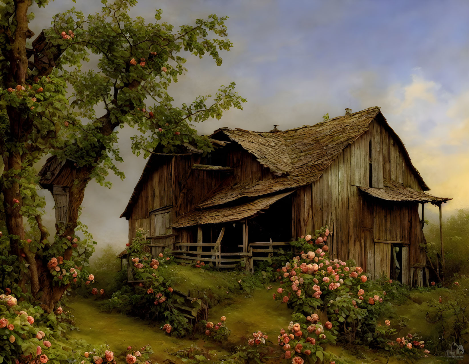 Rustic wooden barn in green landscape under soft sky