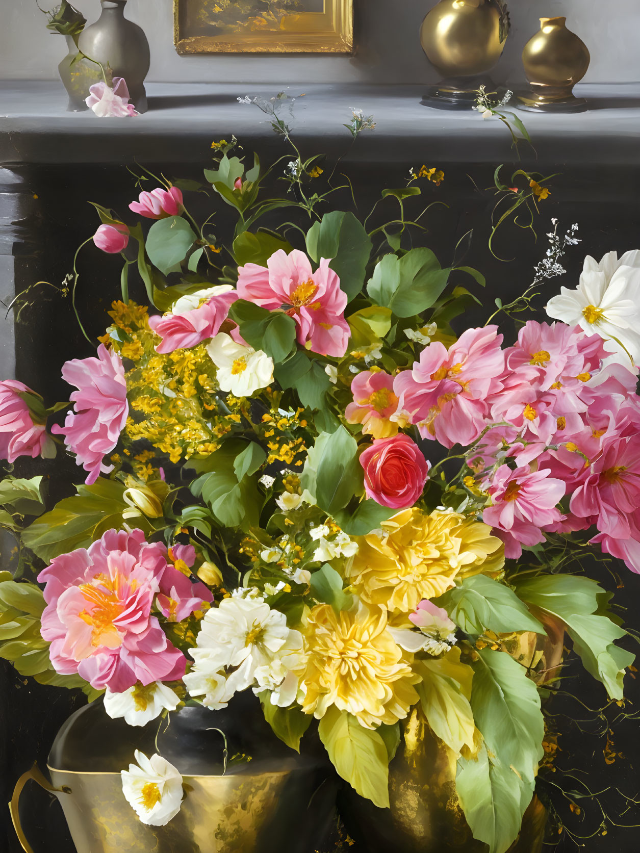 Pink and Yellow Floral Arrangement in Golden Vase on Dark Background