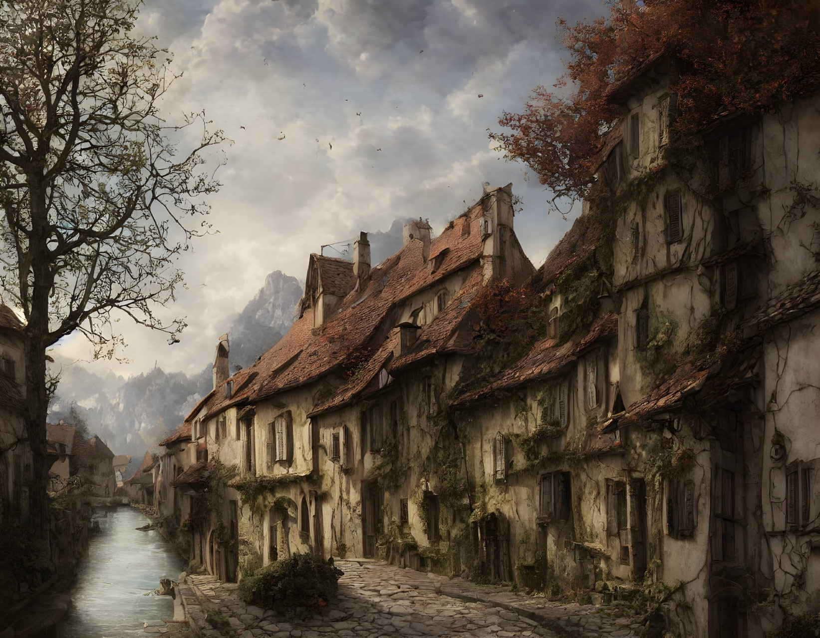 European-style village with moss-covered buildings near tranquil canal, under hazy sky.