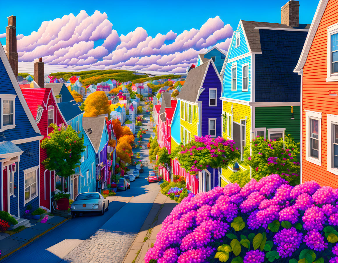 Colorful Houses on Vibrant Street with Blue Sky and Purple Flowers