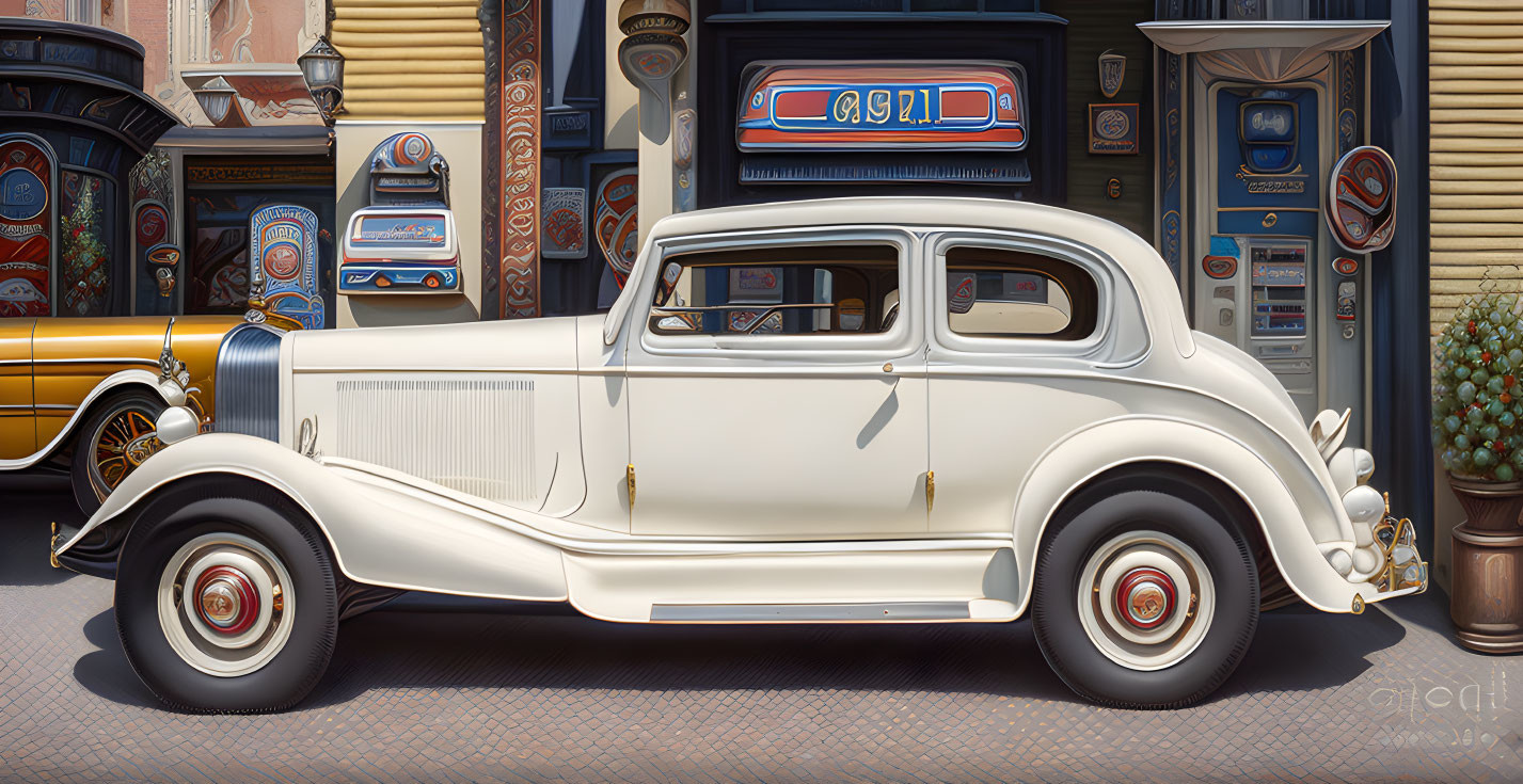 Vintage White Car Parked Beside Retro Gas Station with Blue Car