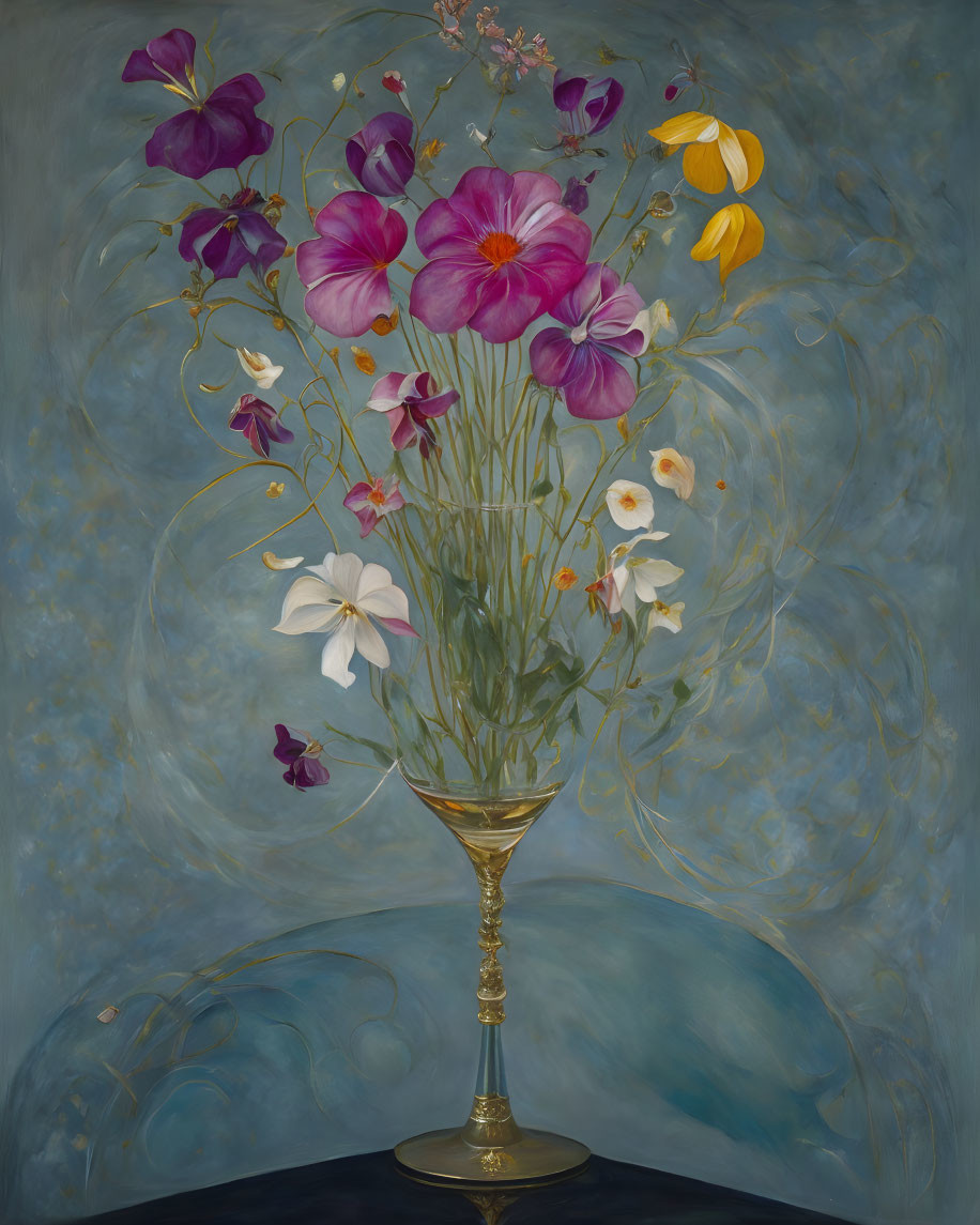 Ornate Gold Vase with Colorful Flowers on Blue Background