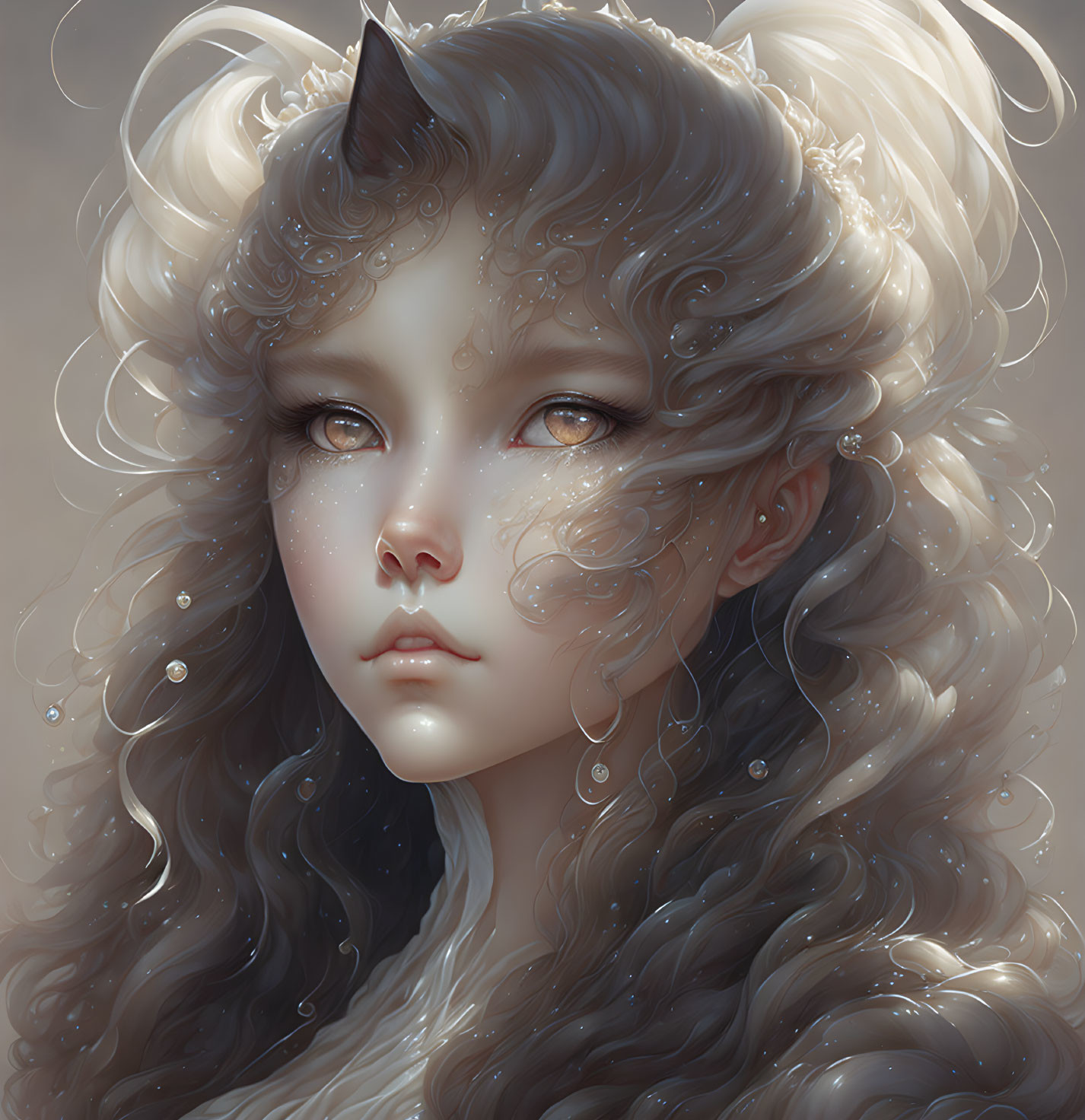 Fantastical female character with cat-like ears and golden eyes portrait.