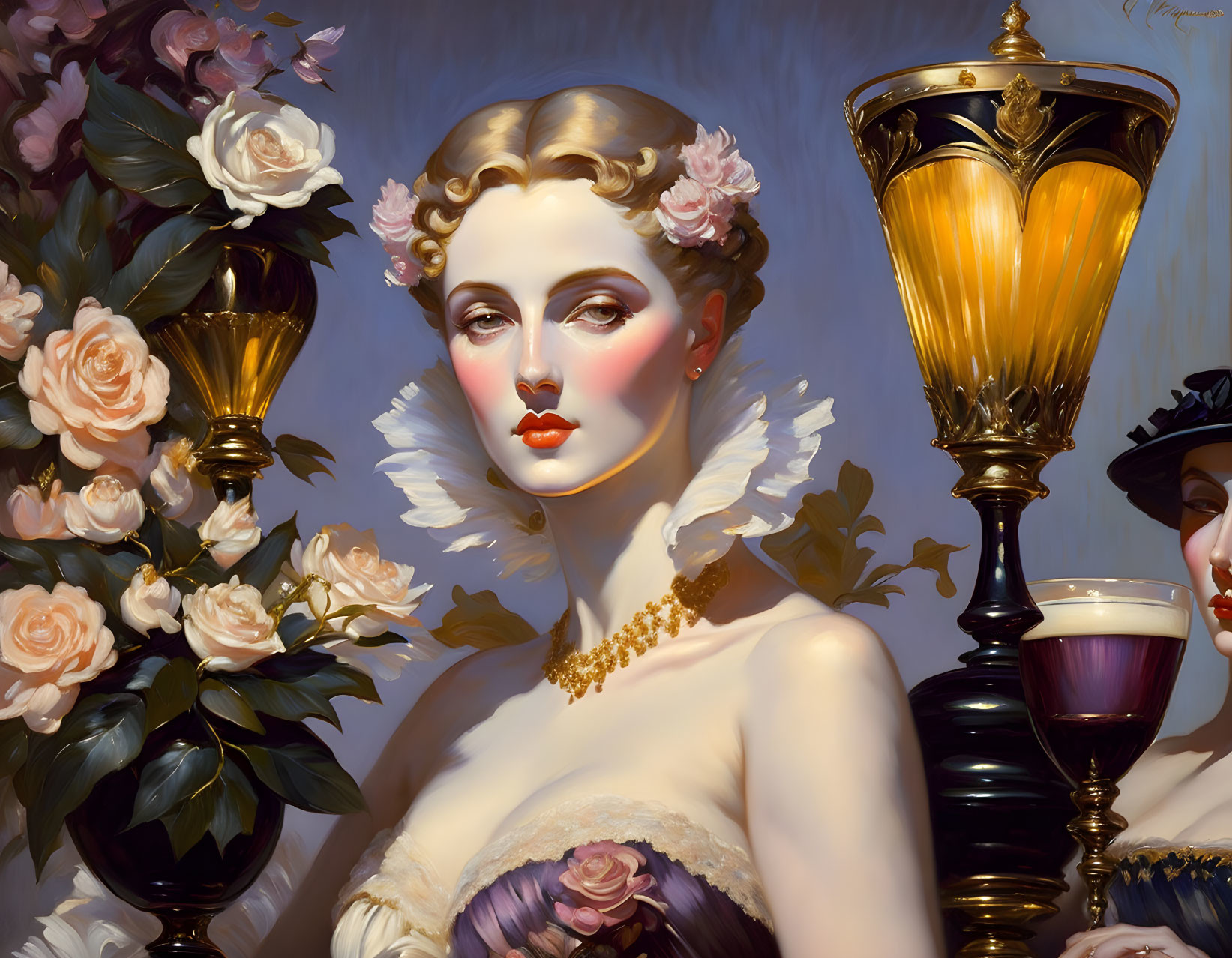 Portrait of elegant woman with roses, feathered collar, golden necklace, lamp, and figure with glass