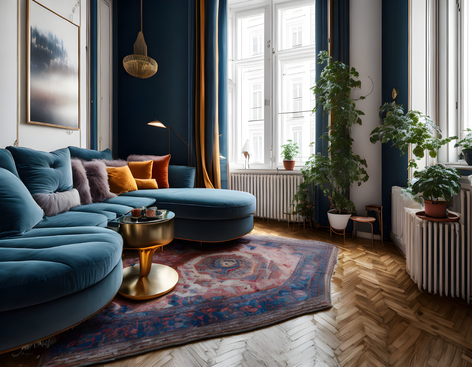 Elegant Living Room with Blue Sofa, Ottoman, Coffee Table, Rug, and Curtains