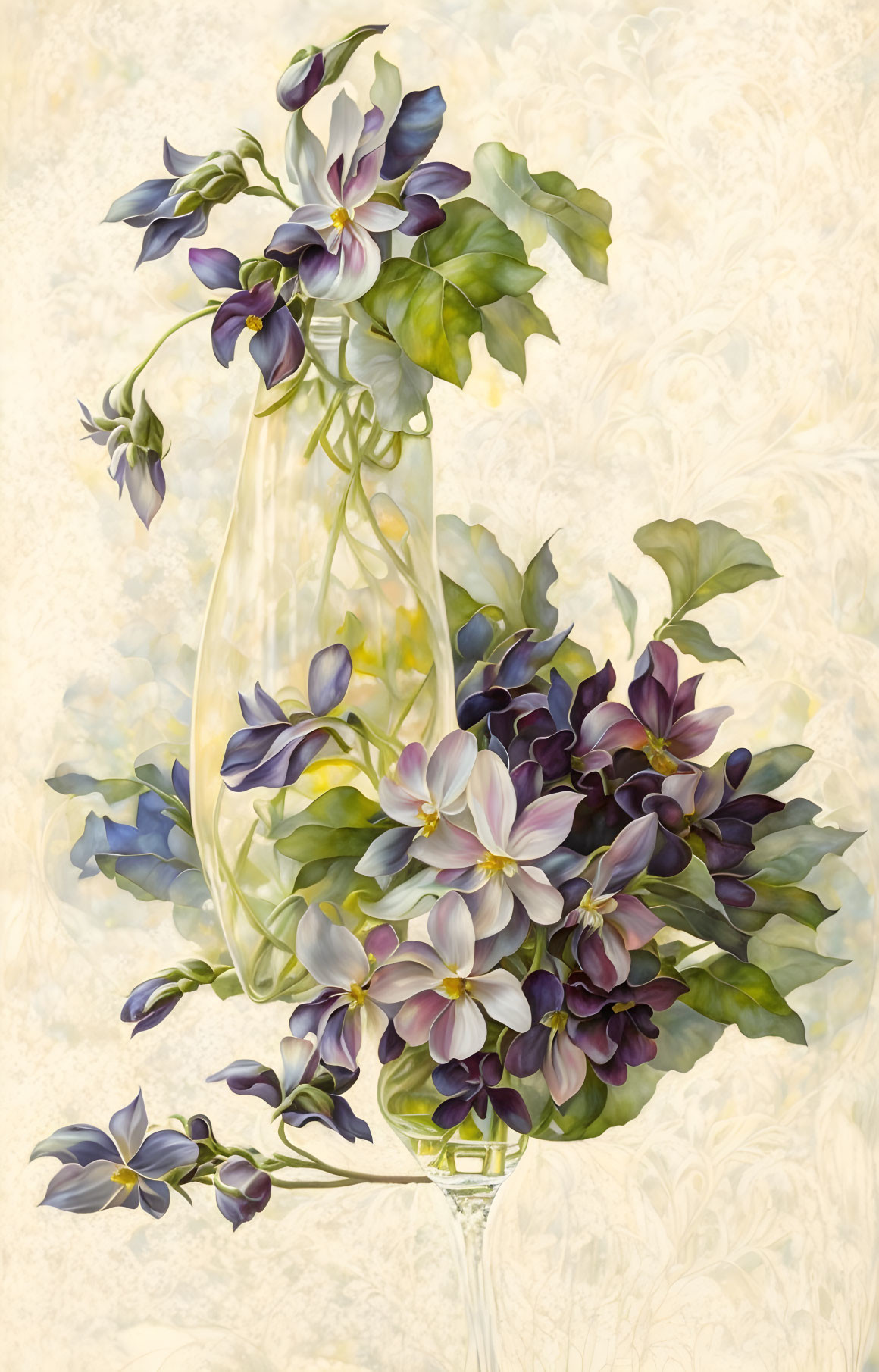 Delicate violet flowers in transparent vase on soft beige background