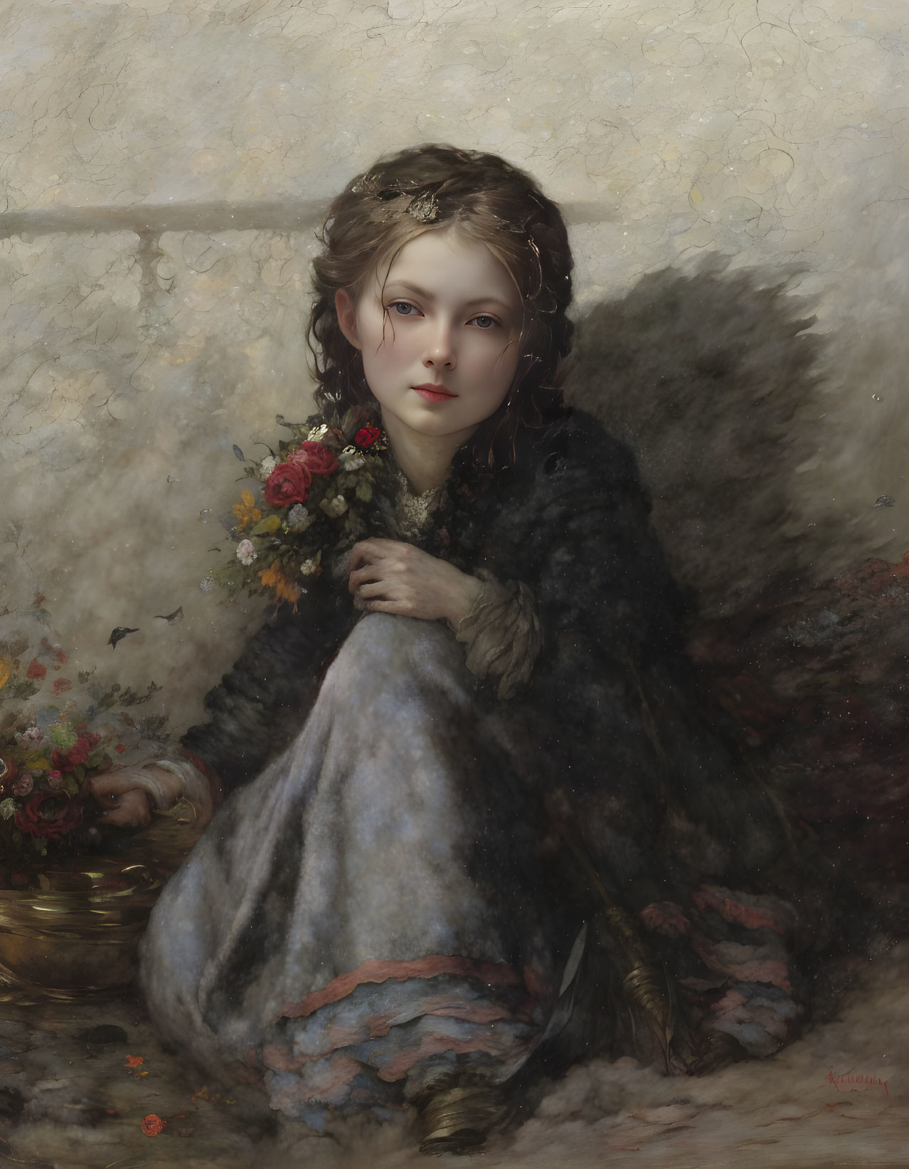 Young woman with flower crown and bouquet in fur cloak next to flower basket