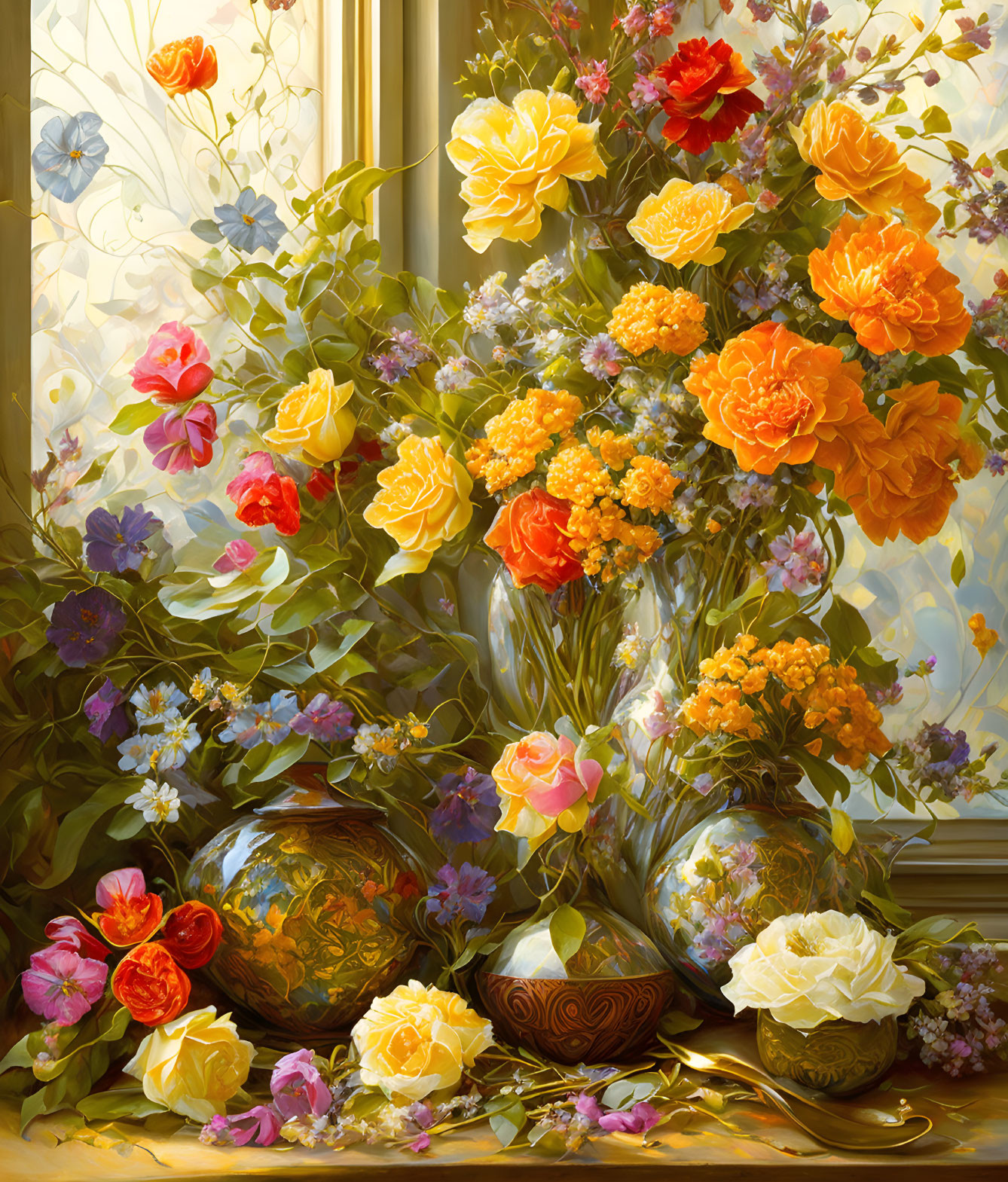 Colorful flowers in vases by sunlit window with fallen petals